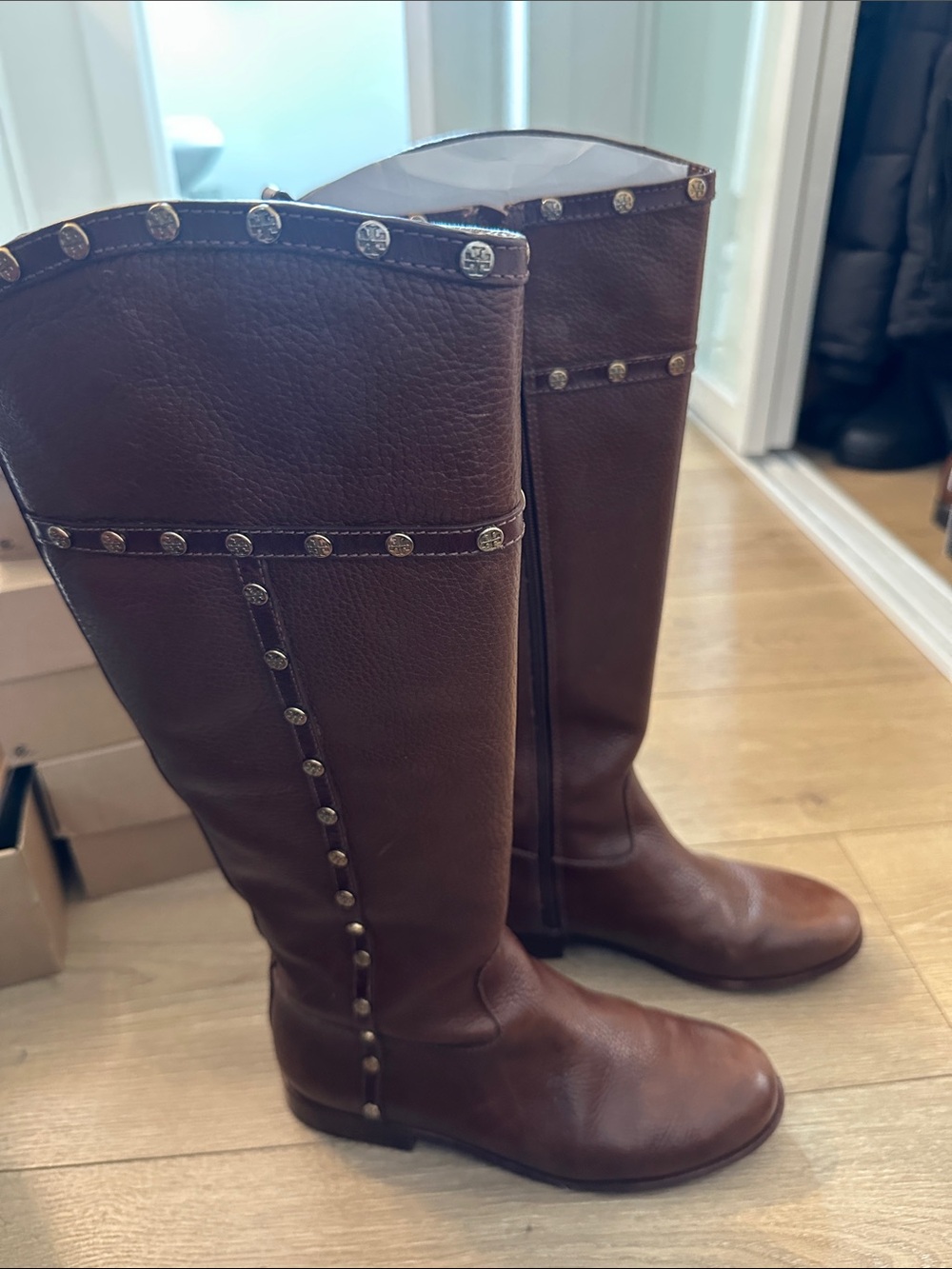 Tory Burch Brown Leather Studded Riding Boots